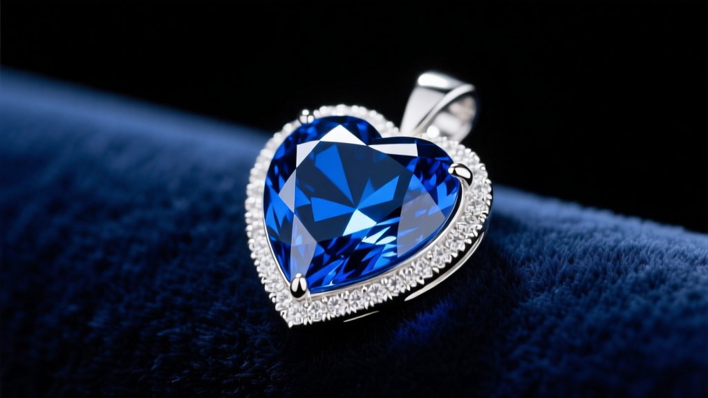 Blue sapphire heart pendant on velvet, lit by soft studio lighting to reveal deep blue facets and a white gold setting.