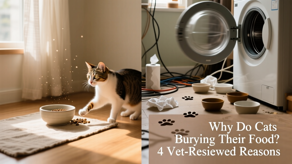 Side-by-side comparison: a clean, quiet feeding station in a calm corner versus a cluttered, high-traffic spot near a washing machine