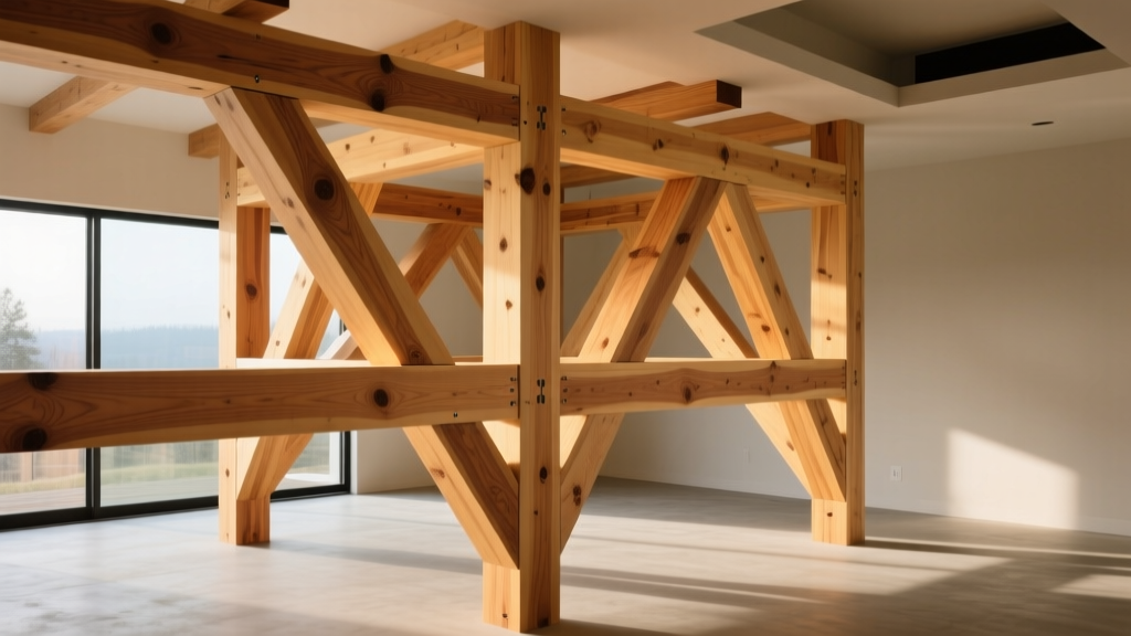 Western Red Cedar timber frame beams interlocking with mortise and tenon joinery in a modern residential structural skeleton