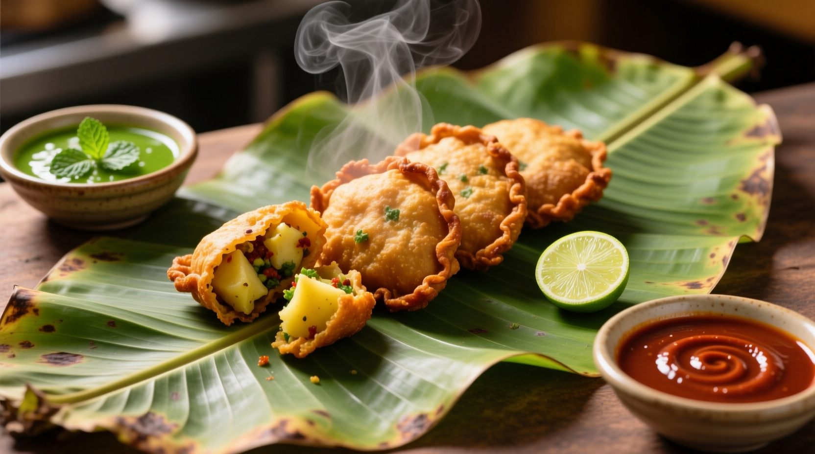 Golden brown aloo wada served with chutneys on banana leaf
