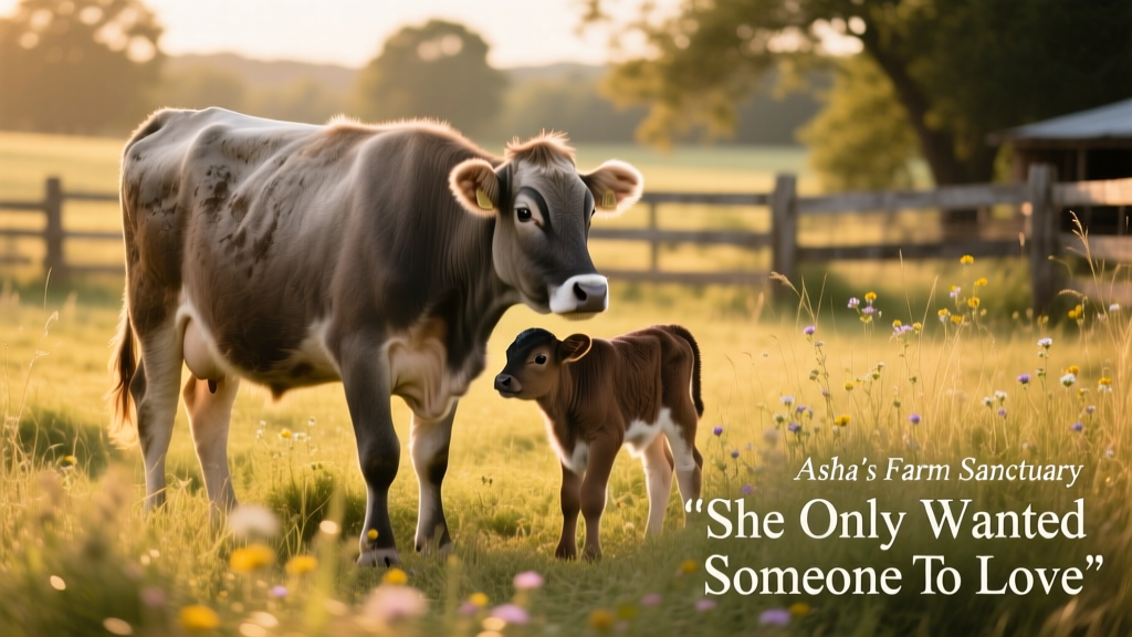Sindy standing protectively beside the calf in a sunlit pasture at Asha's Farm Sanctuary