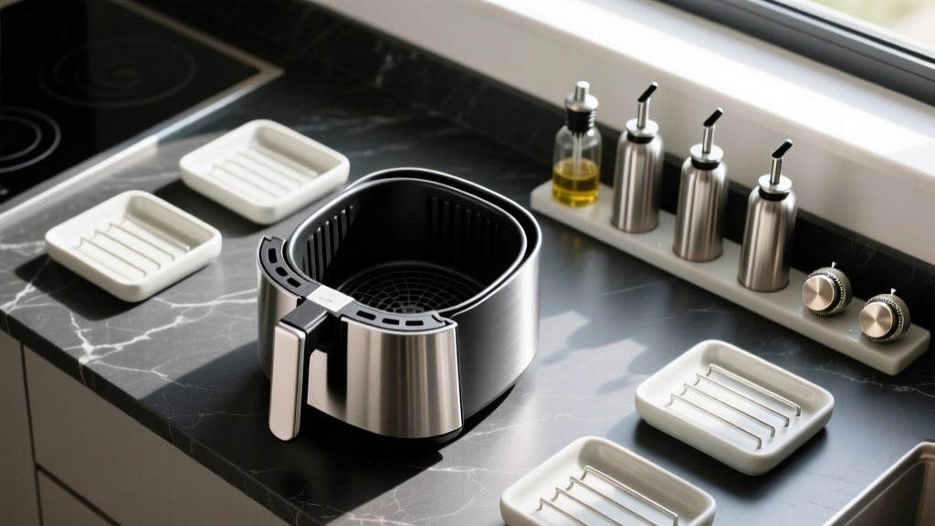 Overhead shot of stainless steel air fryer basket surrounded by ceramic roasting racks, precision oil misters, and magnetic dials on dark slate countertop