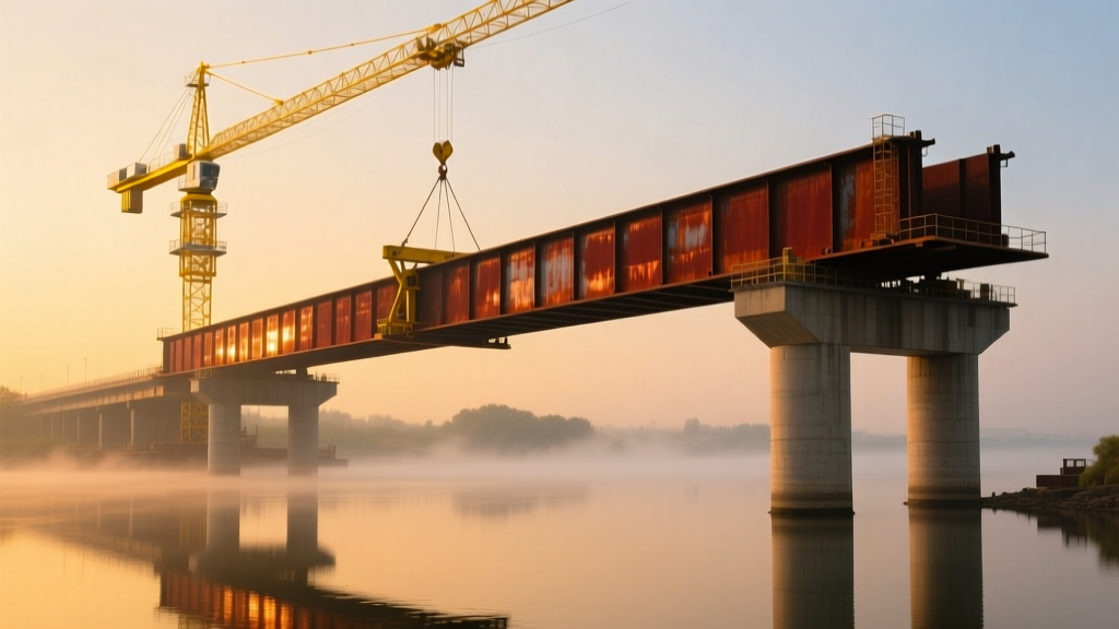Massive yellow crane lifting a prefabricated weathering steel bridge girder into place over a river at sunrise, with concrete piers visible below