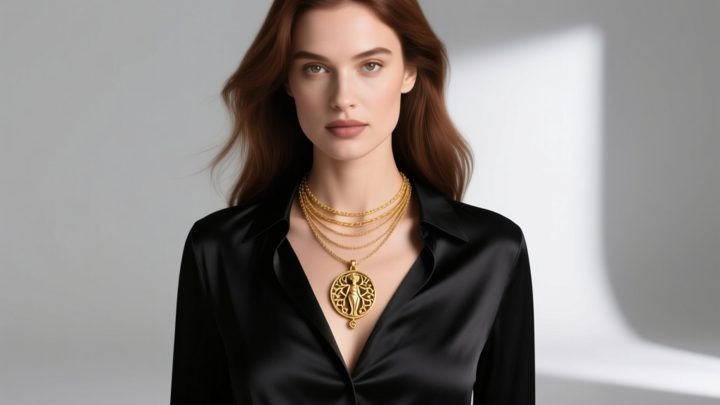 Woman wearing a layered stack with a gold vermeil Mythologie goddess pendant resting elegantly over a simple black silk blouse