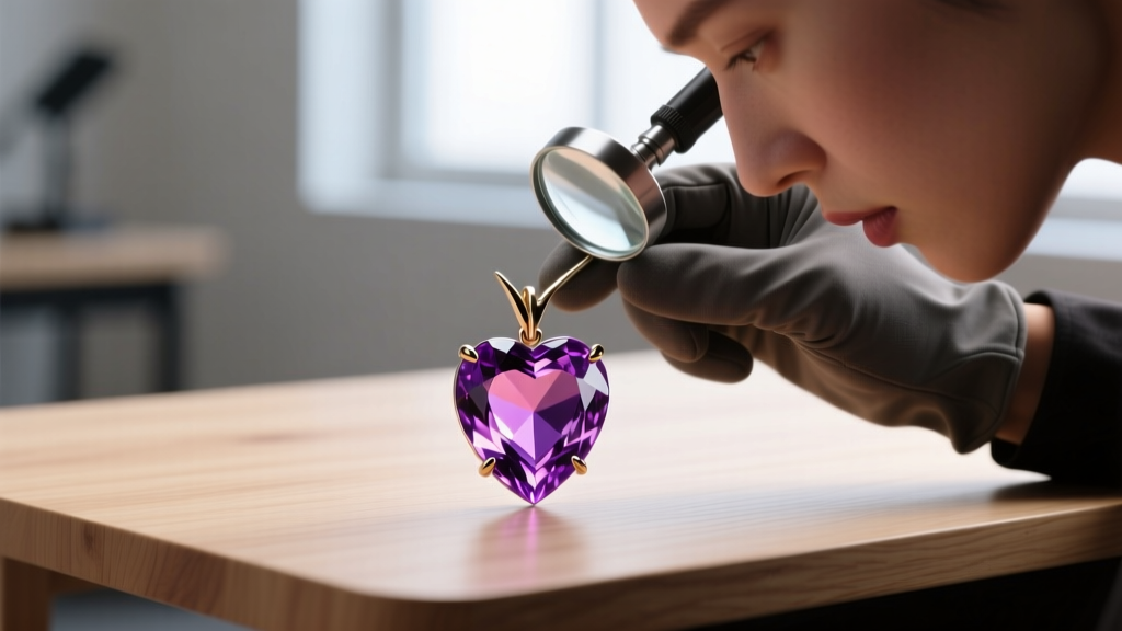 Macro shot of a jeweler inspecting the top cleft prongs of a heart amethyst pendant with a loupe on a wooden desk.