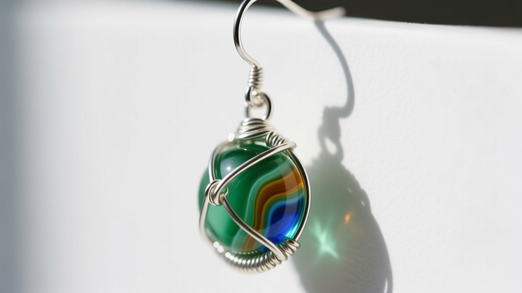 Macro shot of a wire-wrapped sea glass earring on a sterling silver hook, highlighting the smooth protective wire cage design