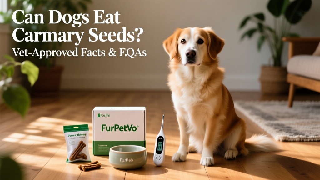 Happy medium-sized dog sitting calmly beside a FurPetVo-branded wellness kit with a chew pouch, water bowl, and digital thermometer