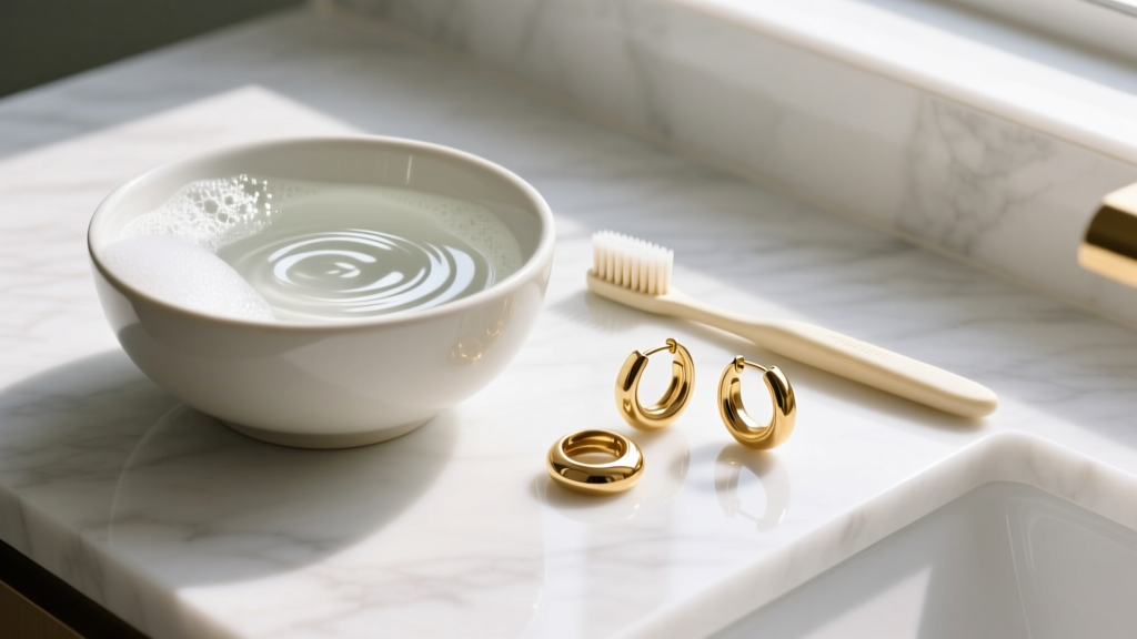Ceramic bowl with soapy water, a soft toothbrush, and three 14k gold hoop earrings resting on a bright white marble vanity counter