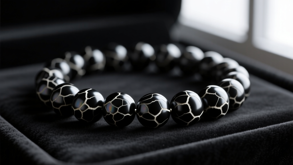 Macro shot of a black coral bead necklace on dark velvet, showing organic striations and the matte luster of 8mm beads.