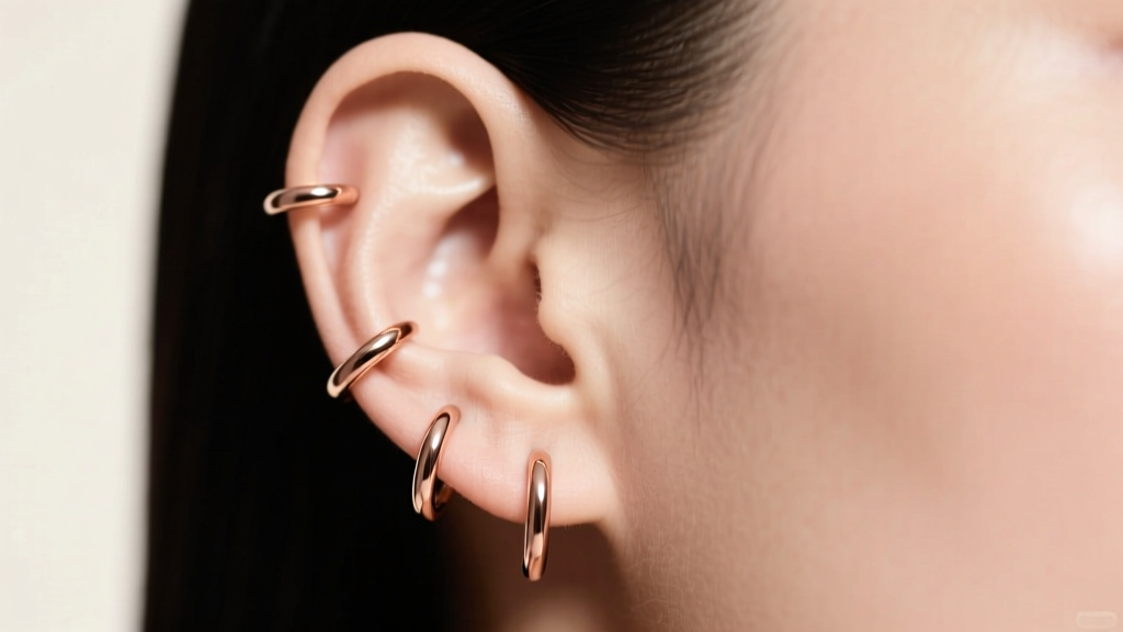 Side profile of a curated ear with three 8mm rose gold hoops in the helix, tragus, and upper lobe, showcasing minimalist trends