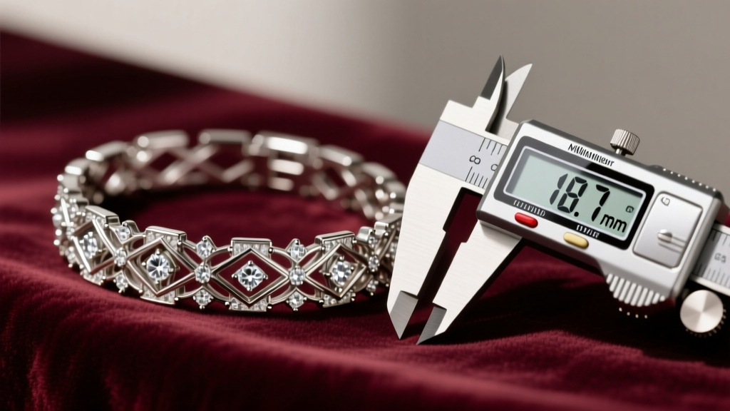 Art Deco platinum diamond bracelet on velvet next to a digital caliper measuring its exact millimeter width and intricate clasp