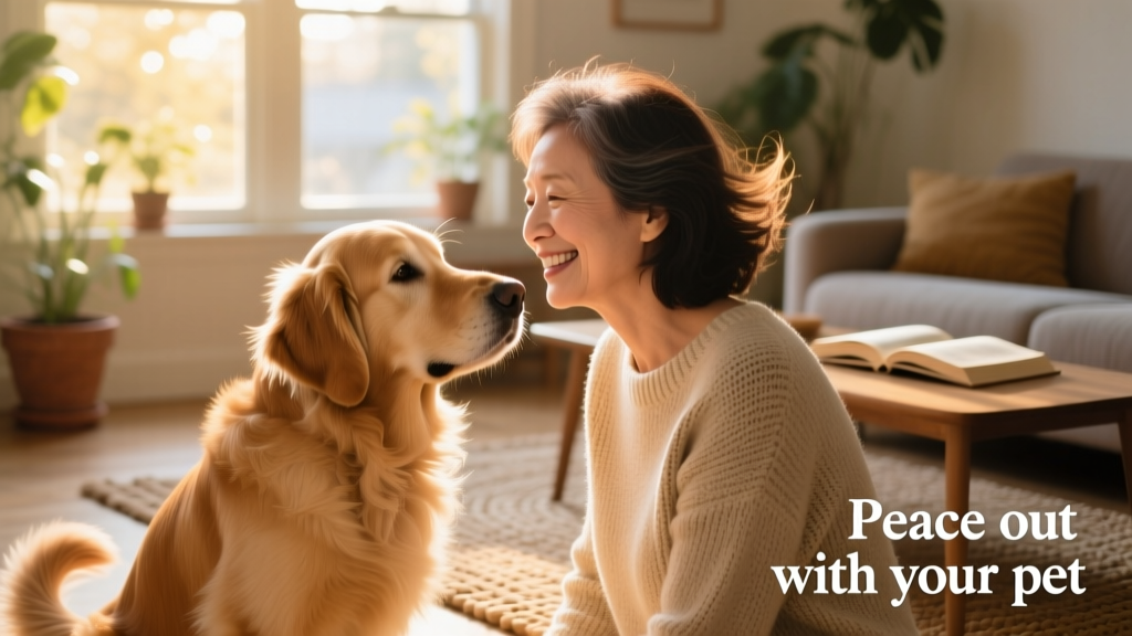Close-up of a person and their dog making gentle eye contact, both relaxed and smiling