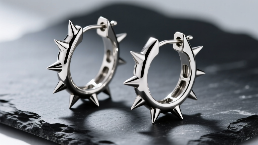 Silver titanium spiked hoop earrings on dark slate, highlighting seamless soldered spike joints and a secure hinged clicker clasp.