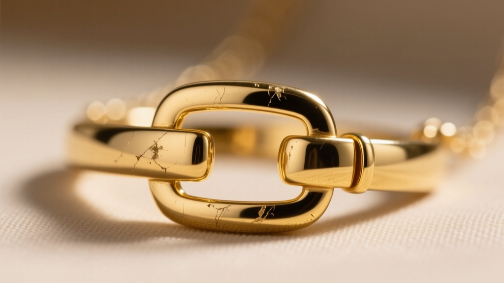 Close-up of a gold plated necklace clasp showing wear on the high-polish surface, revealing the raw brass base metal underneath.