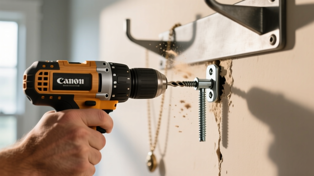 Hands using a power drill to install a heavy-duty toggle bolt anchor into drywall for a large metal wall mount necklace holder.