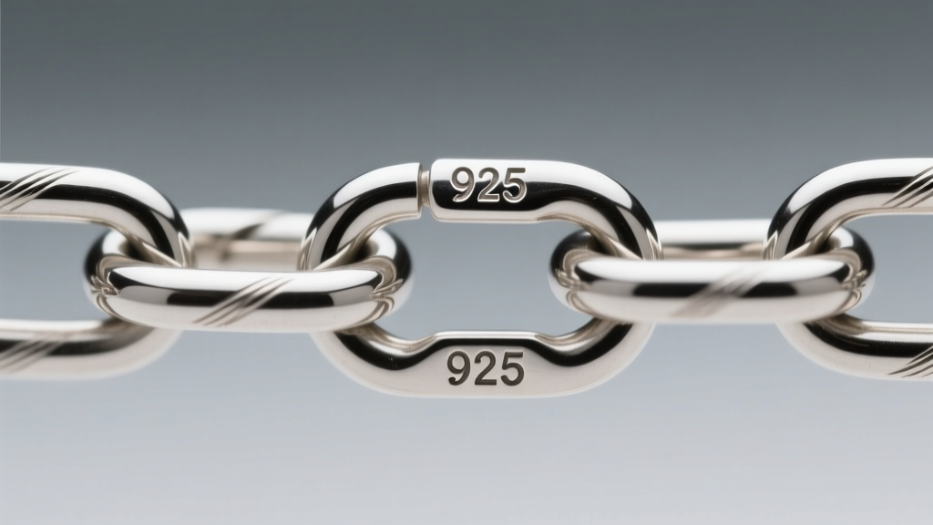 Macro shot of a 925 sterling silver paperclip chain with a secure lobster clasp, highlighting the metal stamp and link joints