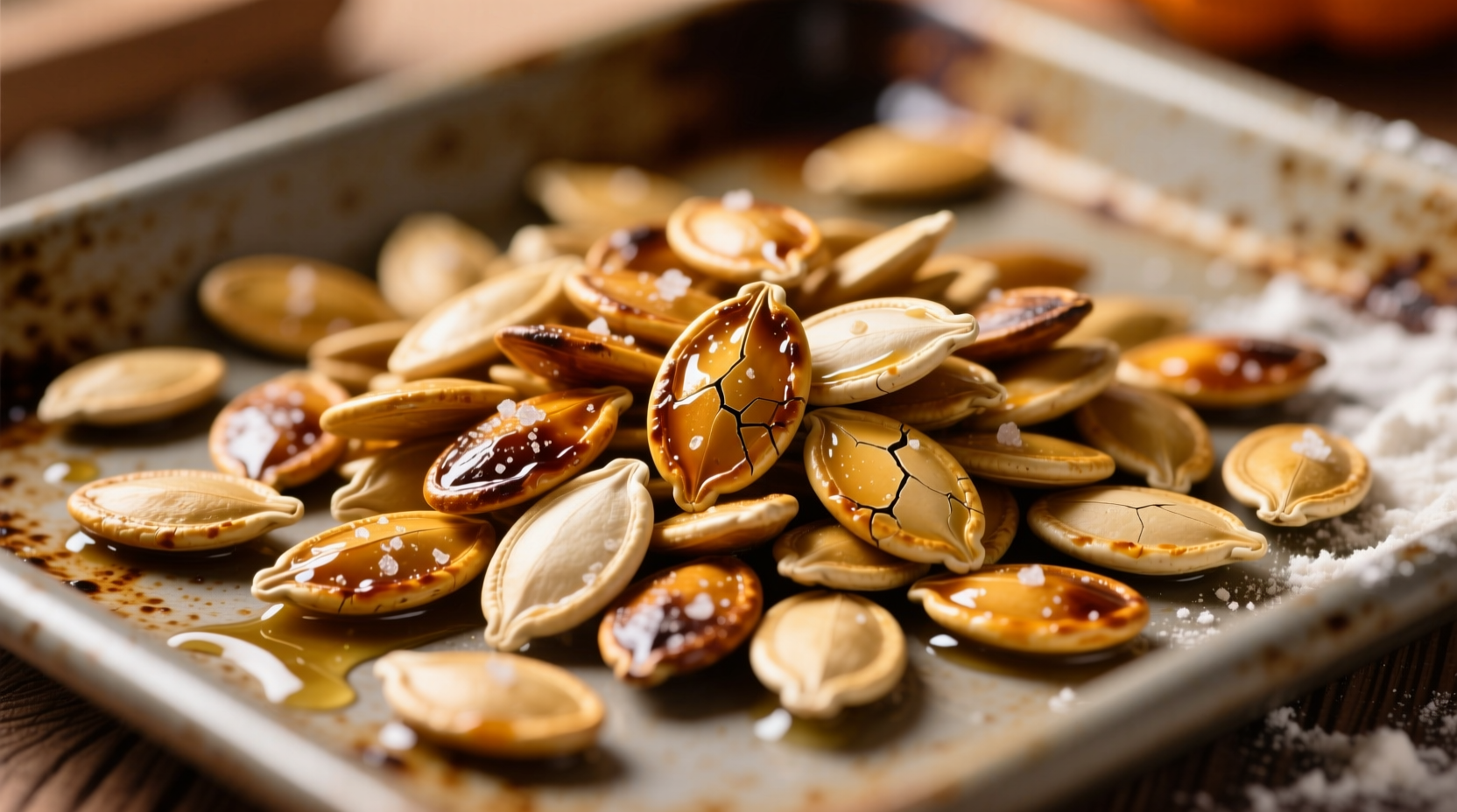 Perfectly roasted golden pumpkin seeds on baking sheet