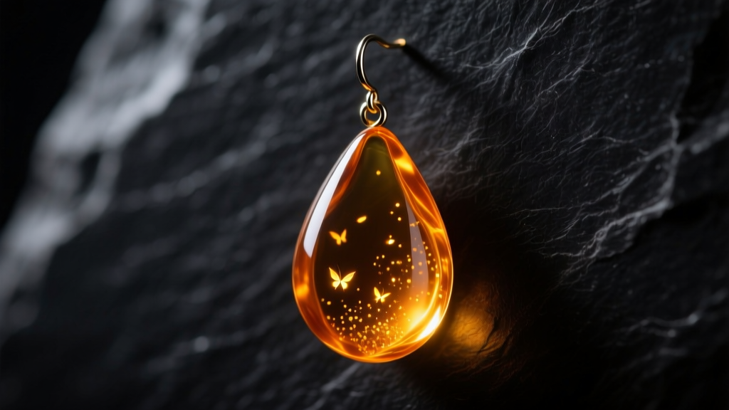 Glowing amber bio-resin drop earring on dark slate, with soft rim lighting highlighting internal luminescent particles.