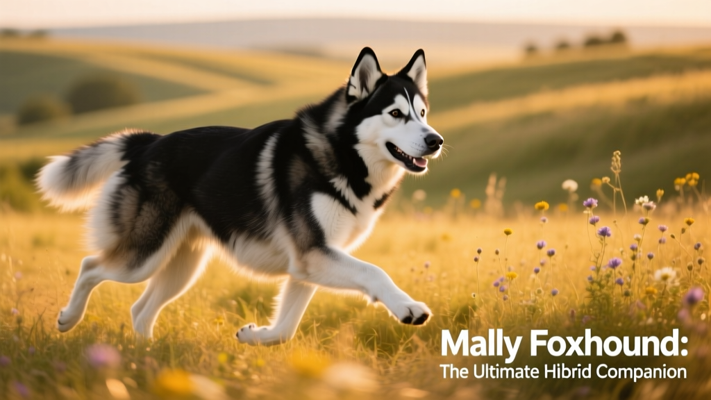Adult Mally Foxhound running across a sunlit field, showcasing athleticism and confident posture