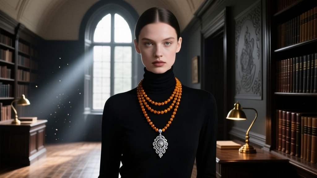 Model wearing a layered dark amber necklace and silver pendant over a black turtleneck, showing dark academia style in a dim room