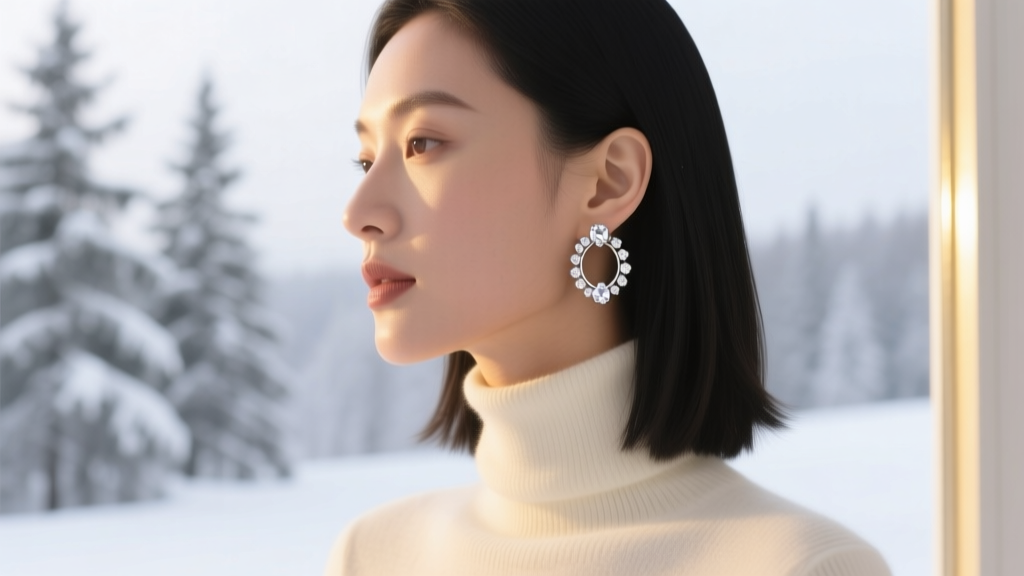 Model wearing structured huggie christmas beaded earrings with tiny white Preciosa crystals against a softly lit winter backdrop
