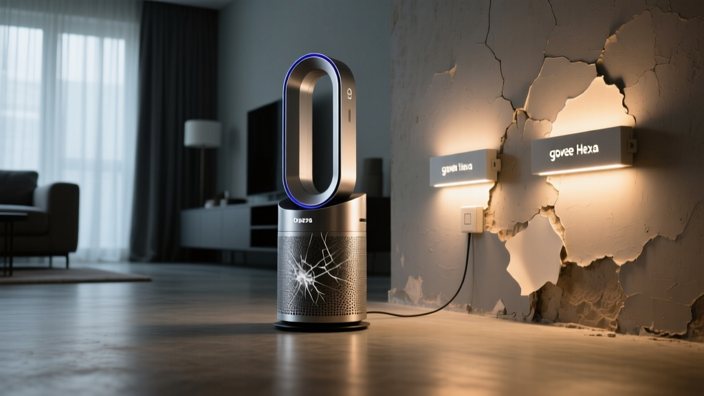 Close-up of scratched Dyson TP7A air purifier base and Govee Hexa light panels peeling off a textured apartment wall in a dimly lit modern living room