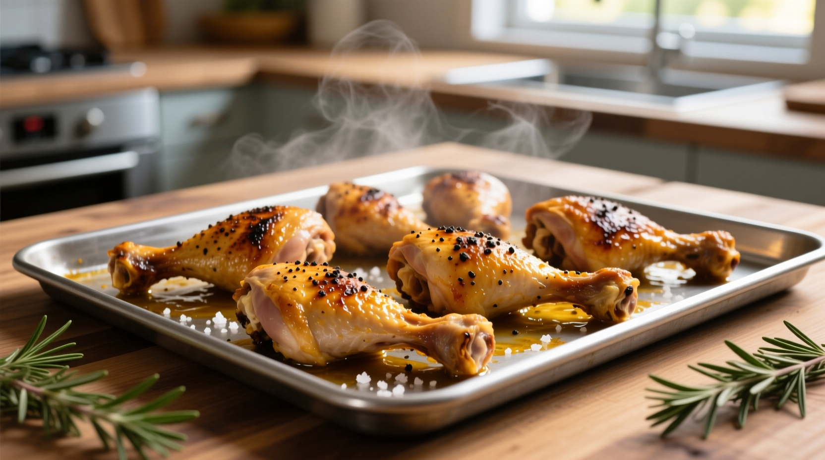 Golden brown chicken legs on baking sheet