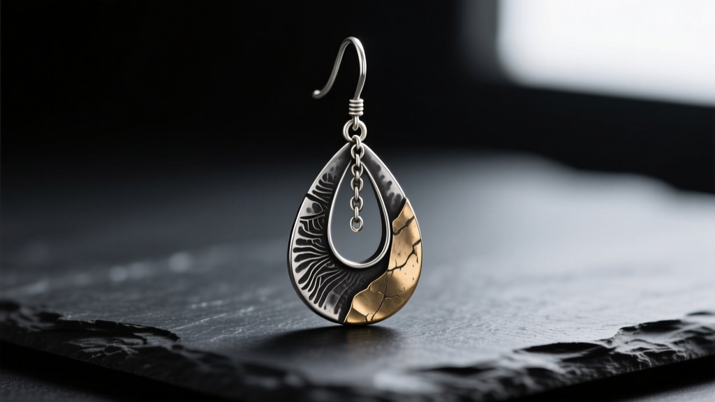 Macro shot of artisanal drop earring showing dark oxidized silver and raw brass textures against a matte black slate background.