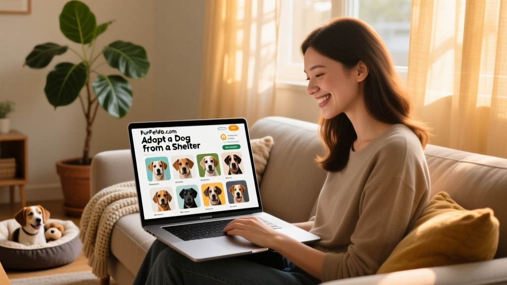 A person browsing FurPetVo.com on a laptop, smiling as they view dog profiles