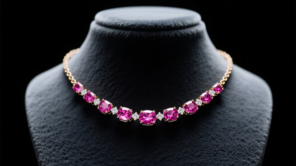 18k white gold pink sapphire tennis necklace resting on a dark charcoal velvet jewelry display bust under soft studio lighting