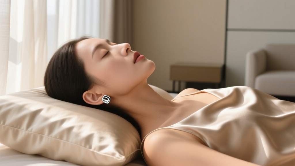 Sleeping woman wearing 16g titanium flat-back sleeper earring in earlobe on silk pillow, illuminated by soft warm morning light