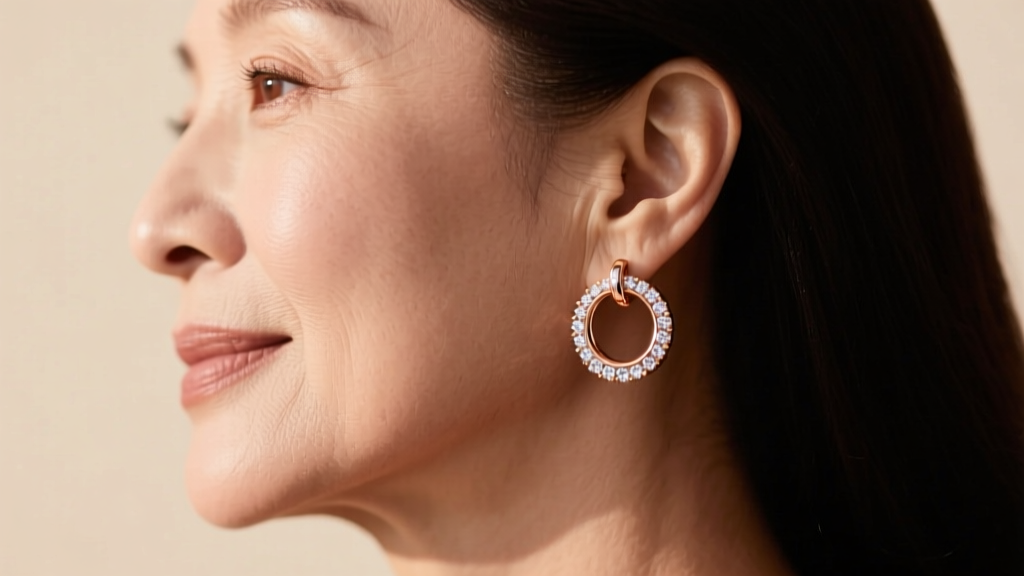 Side profile of mature woman showcasing sculptural 14k rose gold huggie earrings with pavé diamond halo highlighting the jawline