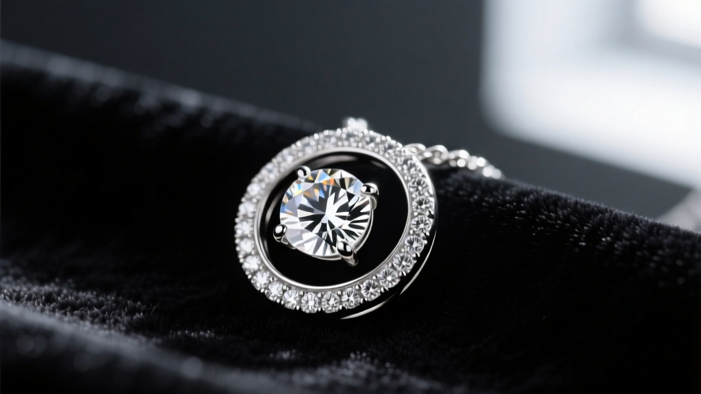 Macro shot of a platinum halo necklace pendant featuring a round diamond and micro-pave melee stones resting on dark velvet fabric