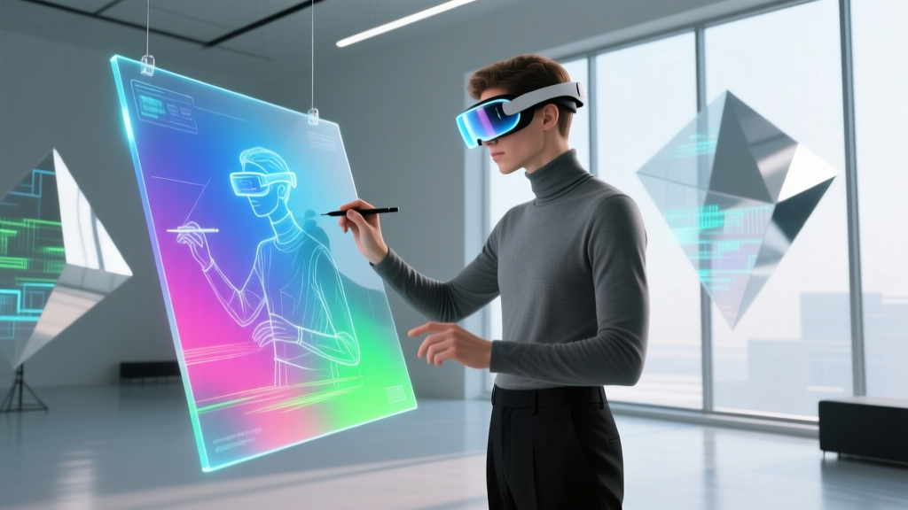 Illustrator wearing a mixed-reality headset, drawing on a floating virtual canvas, representing the future of sketch gadgets.