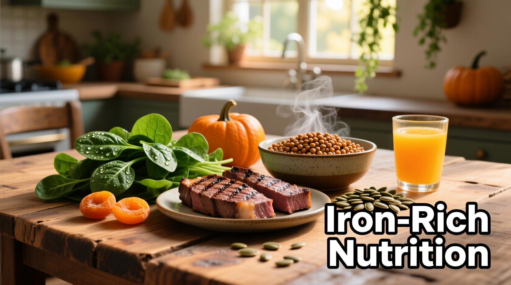 Iron-rich foods arranged on wooden table