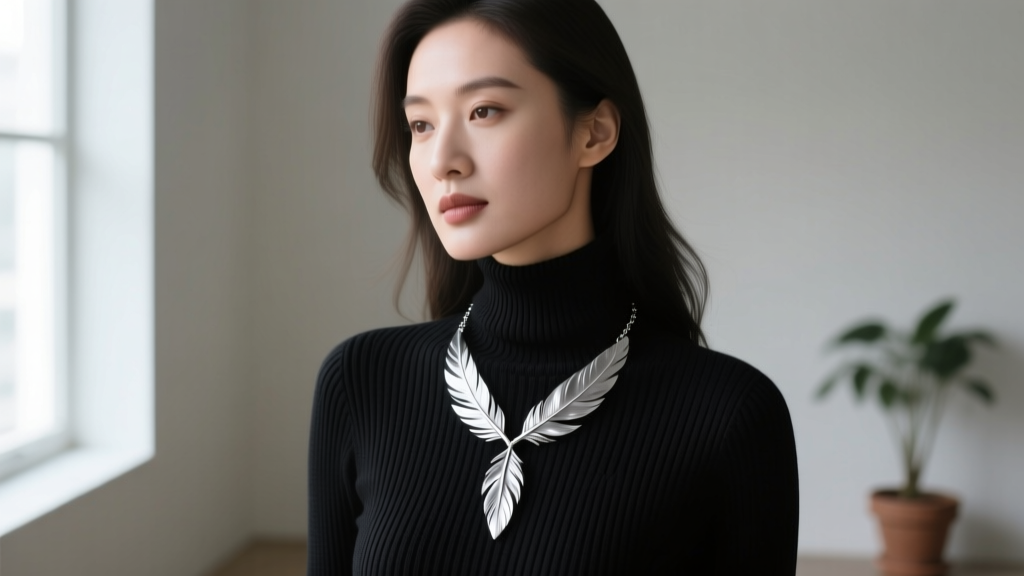 Woman wearing a silver feather necklace over a black ribbed turtleneck sweater, soft window light highlighting the metal texture.