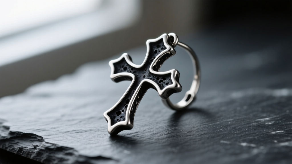 Macro shot of an oxidized sterling silver gothic cross earring on dark slate, highlighting blackened crevices.