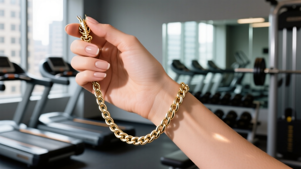 A sturdy 14k white gold wheat chain with a reinforced lobster clasp, held by a female hand against a blurred gym background.