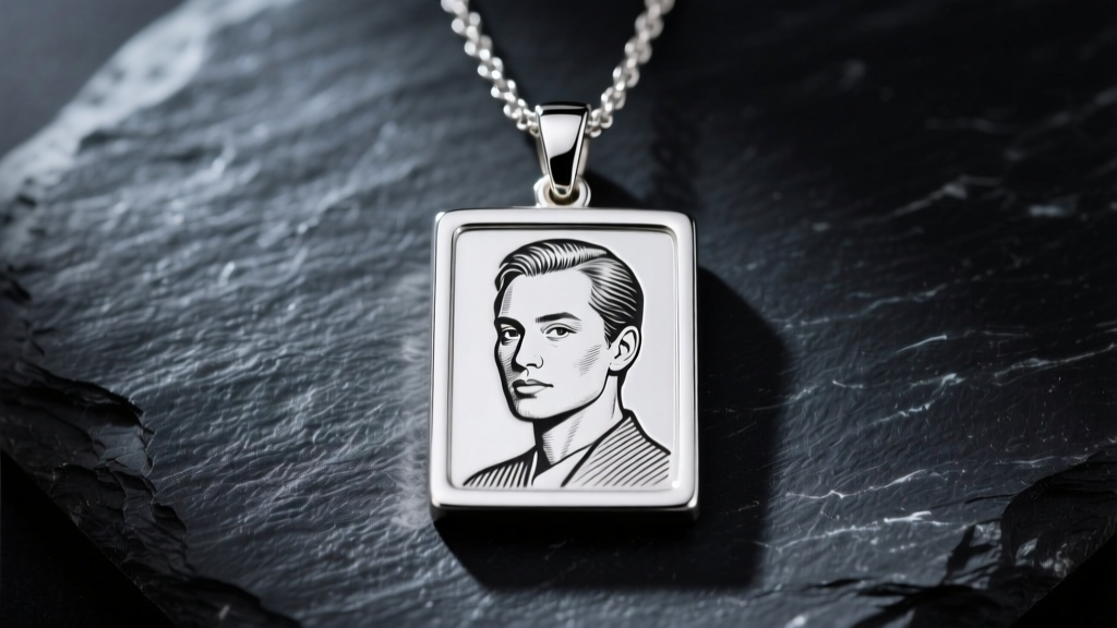 Close-up of a sterling silver picture necklace pendant with a laser-etched portrait on dark slate under soft directional lighting.