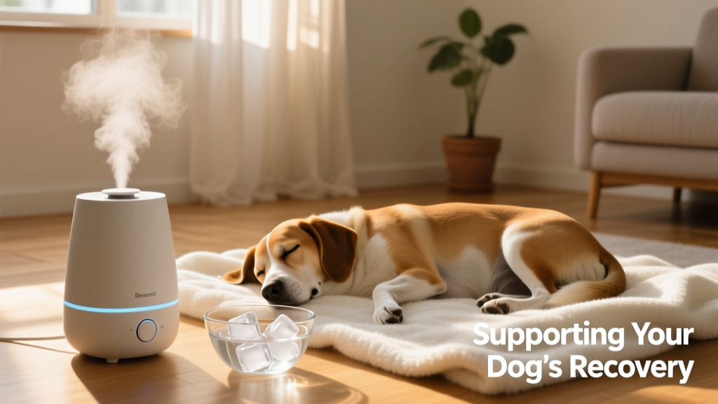 A cozy home setup with a humidifier running, a bowl of water with ice cubes, and a dog resting peacefully on a clean blanket