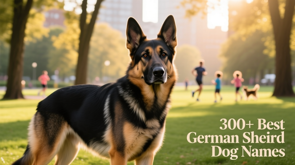 A confident, well-groomed adult German Shepherd standing proudly in a sunlit park