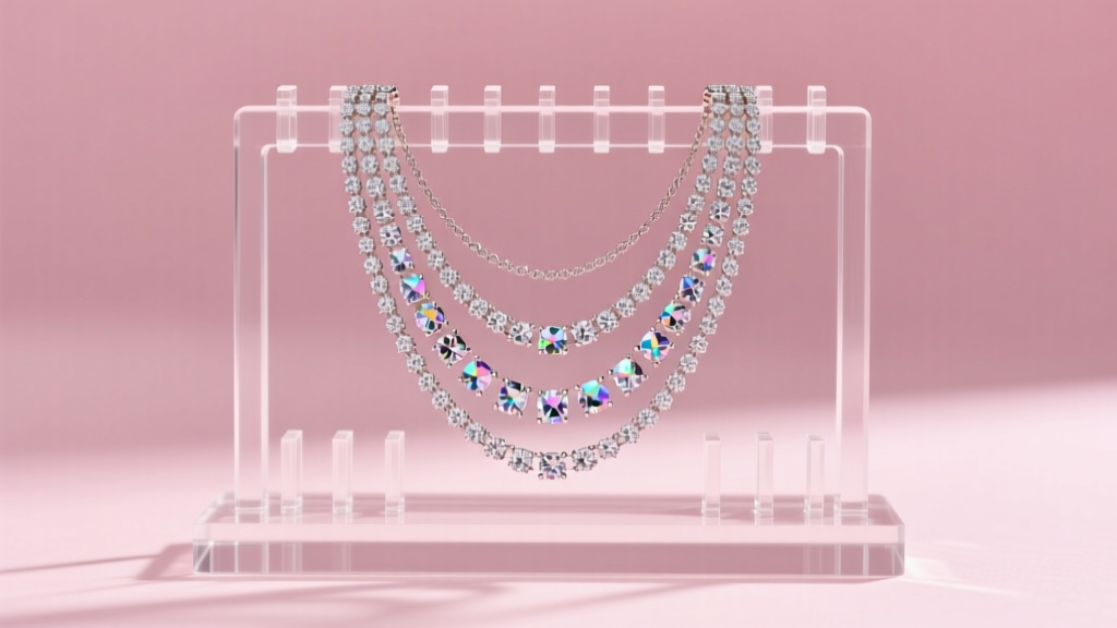 Clear acrylic necklace display stand with staggered pegs holding layered diamond chains against a soft blush pink backdrop