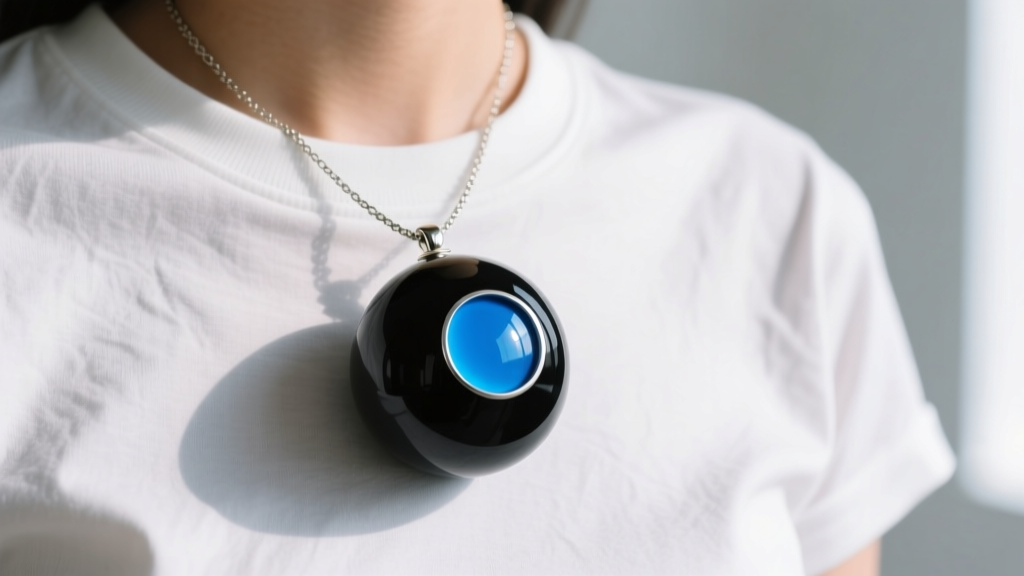 Y2K magic 8 ball necklace featuring a black resin sphere and blue enamel window, worn casually over a crisp white graphic tee