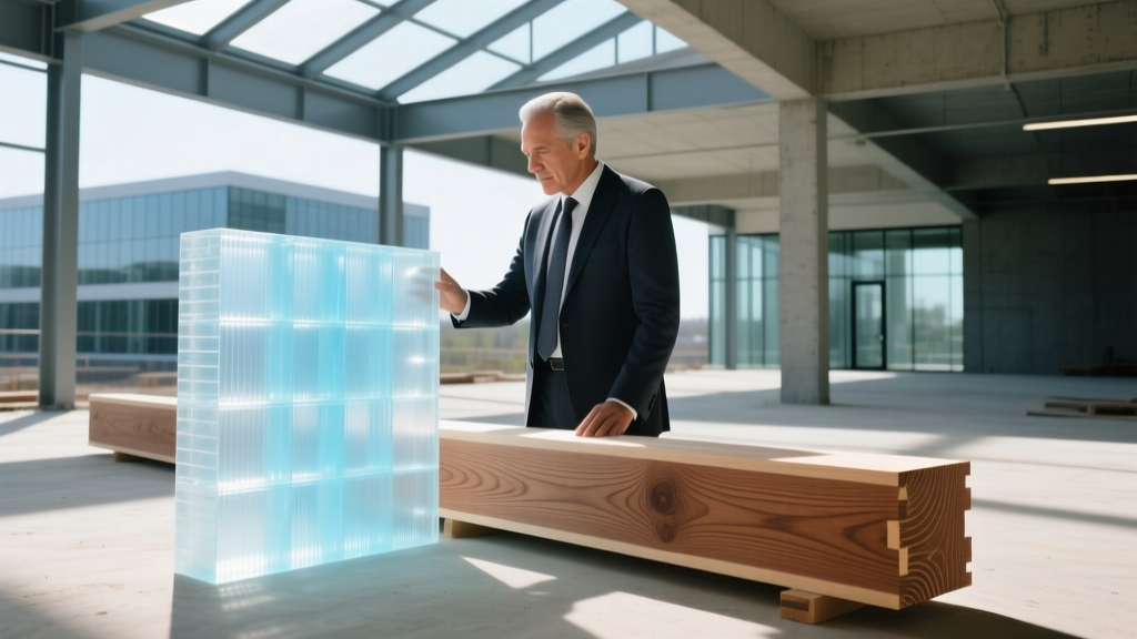 Architect reviewing translucent silica aerogel insulation and a cross-laminated timber beam on a modern commercial construction site