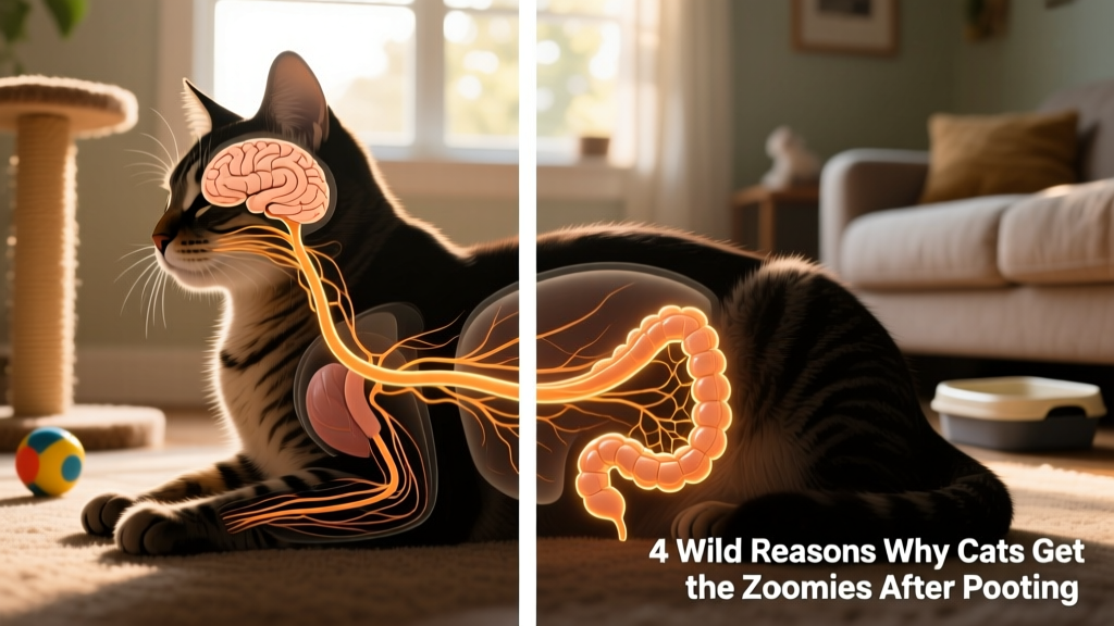 Side-by-side illustration showing the vagus nerve pathway in a cat's body, highlighting its connection between brainstem and colon