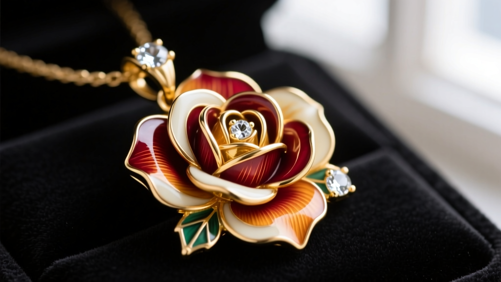 Macro shot of a vintage gold-tone rose pendant showing hand-painted cold enamel petals and glass rhinestone settings.