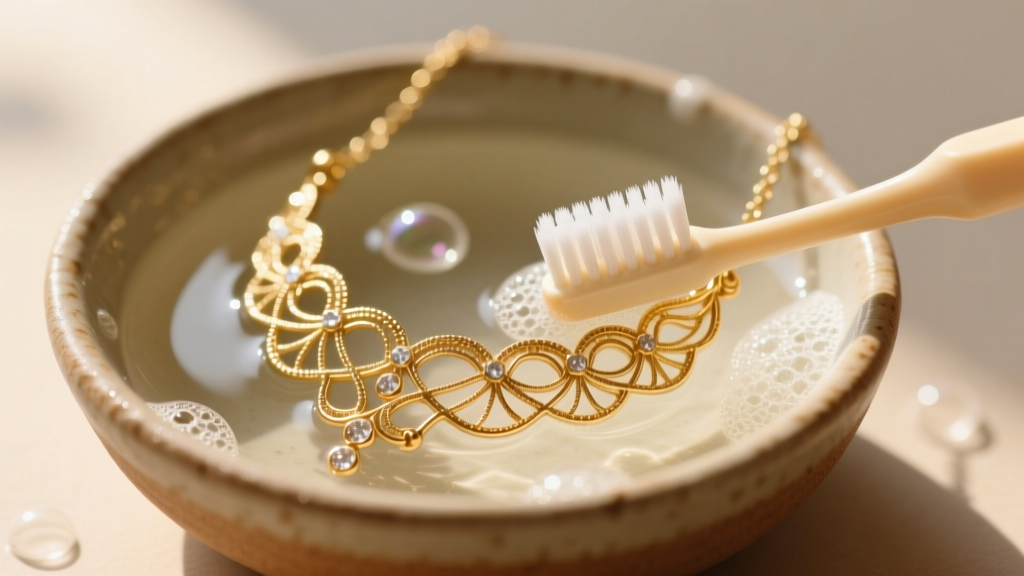 Soft-bristled baby toothbrush gently cleaning a delicate gold filigree necklace over a small ceramic bowl of lukewarm soapy water.