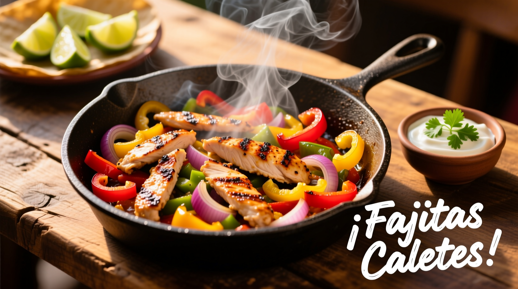 Sizzling chicken fajitas in cast iron skillet