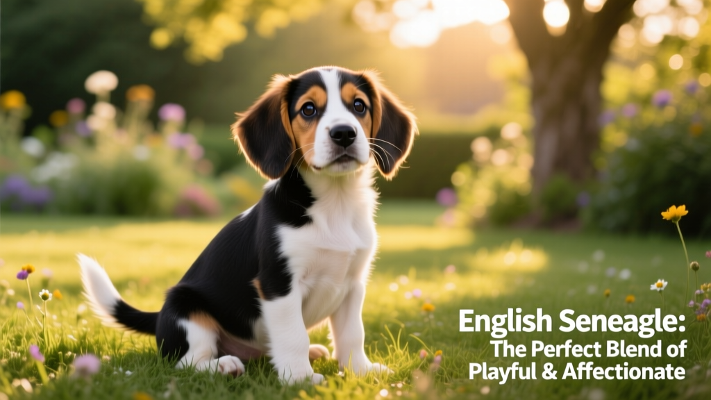 A smiling English Speagle puppy sitting on a grassy lawn, showing its expressive eyes and soft, tri-color coat