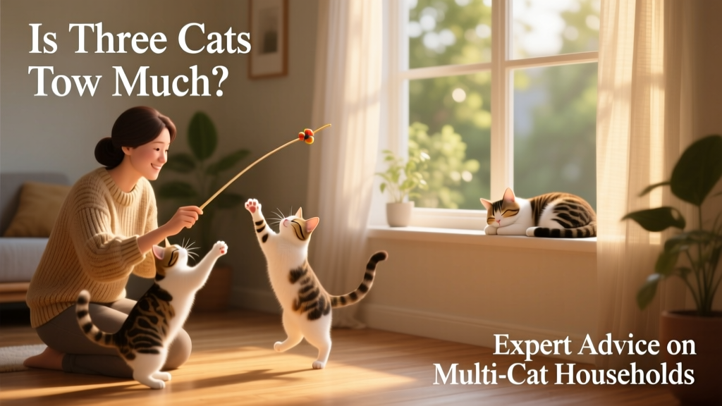 A caregiver gently playing with two cats using wand toys while a third naps nearby on a window perch